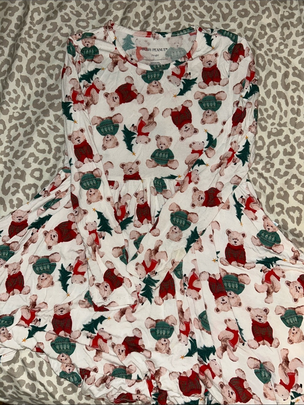 Posh Peanut White Christmas Dress with Red & Green Teddy Print